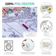 Load image into Gallery viewer, BiMoo Fantasy - Multilingual Coloring Tablecloth material care features