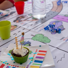 Load image into Gallery viewer, BiMoo Transport - Multilingual Coloring Tablecloth birthday party