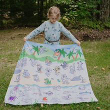 Load image into Gallery viewer, BiMoo Animals - Multilingual Coloring Tablecloth with child playing
